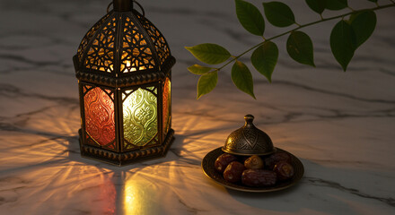 Poster - Decorative lantern with dates on a plate. Decorative lantern with dates on a plate and a branch with green leaves