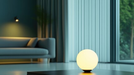 Poster - glowing spherical light bulb on a glossy surface in a minimalist living space with serene furniture 