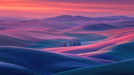 Aufkleber - Vibrant landscape of undulating hills at sunset showcasing hues of pink and purple with distant trees in a serene countryside setting.