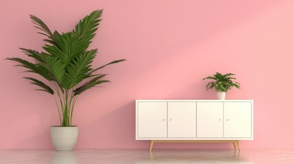 Wall Mural - Modern Sideboard Decorated with Green Plants Against a Bright Pink Wall in a Stylish Interior Setting