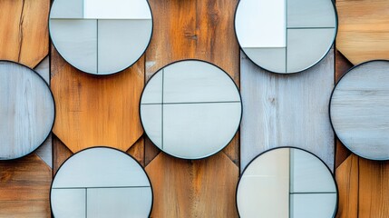 Aufkleber - Creative arrangement of round mirrors on a wooden grid showcasing abstract modern interior design elements
