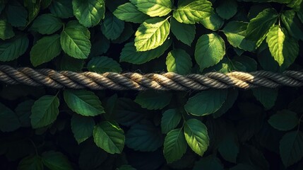 Poster - Rope texture intertwined with lush green leaves creating a natural and serene backdrop with subtle light and shadow effects