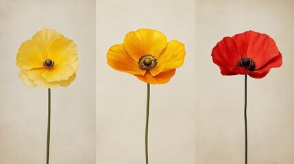 Canvas Print - Three poppies in yellow, orange, and red hues are shown against a textured beige background. The image features a minimalist and botanical aesthetic