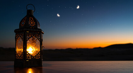 Poster - Lantern with light on wooden surface at desert sunset with crescent moons. Lantern light illuminates the scene with desert sunset and crescent moons in the sky