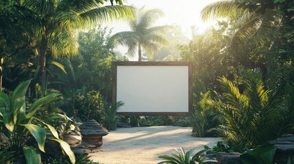 Poster - Tropical Paradise with Serene Blank Frame Surrounded by Lush Greenery and Sunlight Filtering Through Palm Trees