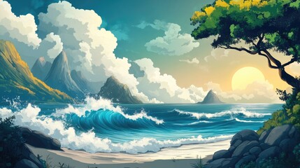 Poster - Serene Coastal Landscape with Turquoise Waves under a Sunset in a Scenic Natural Setting