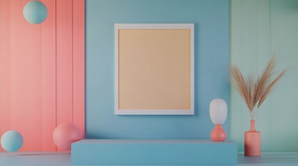 Poster - square poster frame mockup in colorful interior setting with empty space for custom branding and des