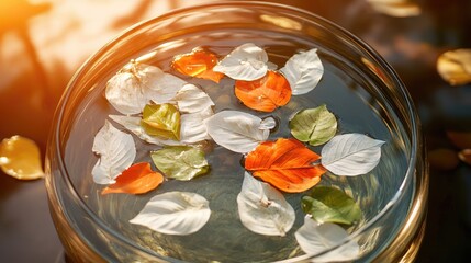 Poster - Serene floating leaves in a round glass vase under golden sunlight creating a tranquil garden atmosphere for relaxation and meditation.