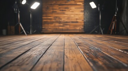 Poster - Wooden floor and background with soft lighting for showcasing natural materials and products in a professional setting.