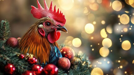 Poster - Festive Rooster Surrounded by Holiday Ornaments and Bokeh Lights for Celebration Atmosphere
