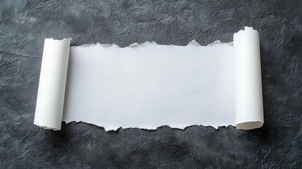 Poster - White torn paper roll on textured gray background with ample blank space for text or design elements horizontal layout closeup image