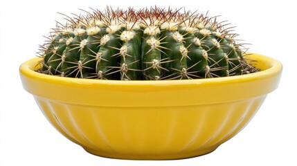 Poster - Serene Cactus in Bright Yellow Pot Against White Background for Home Decor and Gardening Themes