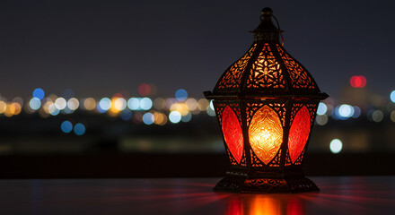 Poster - Decorative lantern glows at night. The lantern is on the table with night city lights in the background