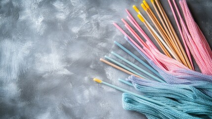 Aufkleber - Scandinavian haberdashery workshop closure featuring pastel knitting needles on a minimalist gray background for craft and design themes