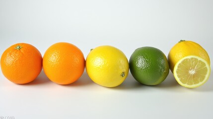 Poster - Assorted citrus fruits including oranges lemons and limes arranged in a row on a white background showcasing vibrant colors and textures