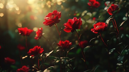 Poster - Vibrant Red Roses in Serene Garden with Soft Sunlight Filtering Through Green Foliage