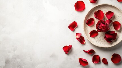 Aufkleber - Red rose petals elegantly arranged on a light background with ample empty space for text or overlays. Perfect for romantic themes.
