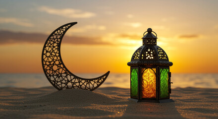 Poster - Lantern and moon on sand at sunset.  Decorative lantern and crescent moon on the beach at sunset