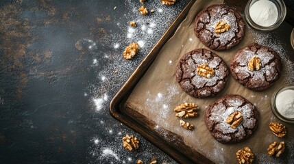 Poster - Chocolate walnut cookies dusted with powdered sugar on a baking sheet against a dark background with space for seasonal text or recipes