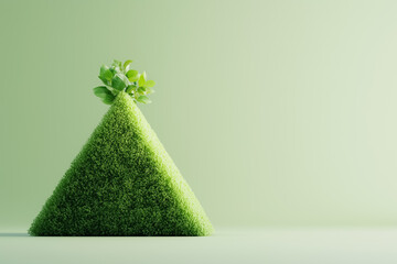 Poster - A minimalistic pyramid form rises from a soft neutral surface, topped with vibrant green foliage, suggesting eco-architecture in even midday light, creating a serene atmosphere