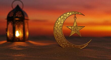 Poster - Golden crescent moon and star decoration on sand with lantern at sunset. Golden crescent moon and star decoration with intricate details on sand