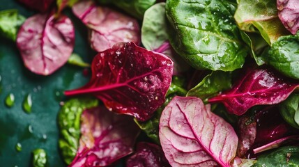 Poster - Vibrant close-up of colorful salad leaves showcasing pink and green hues against a dark background, emphasizing freshness and natural beauty.