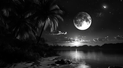 Aufkleber - Tranquil Moonlit Night in Black and White with Lush Palm Trees and Reflective Water Surface