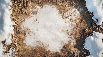 Poster - Winter landscape featuring thawed ground patches surrounded by snow, capturing a serene atmosphere with ample space for text inclusion.