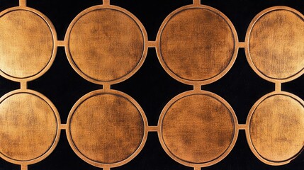 Poster - close up view of twelve bronze colored circular metal discs arranged in a grid pattern on a black ba