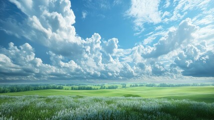 Aufkleber - Idyllic Landscape Featuring Lush Green Fields Under a Bright Sky with Fluffy Clouds for Peaceful Business and Nature Themes