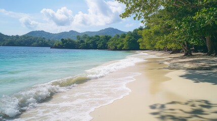 Poster - Tranquil beach scene with soft waves and lush greenery perfect for relaxation and rejuvenation in nature's embrace