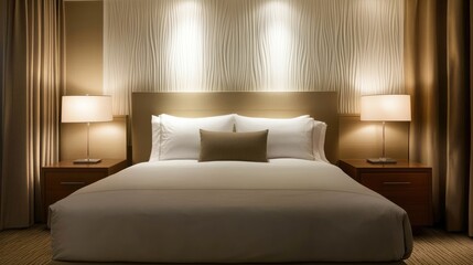 Aufkleber - Elegant bedroom with serene pastel lighting and textured wall decor creating a calm and inviting atmosphere for relaxation and comfort.
