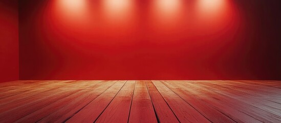 Aufkleber - Bright red illuminated studio with wooden plank flooring ideal for product advertising and home decor mockups showcasing ample empty space.