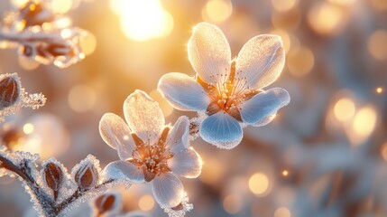 Canvas Print - Frosted blossoms sunrise garden bokeh background