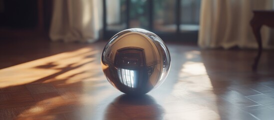 Poster - hyperrealistic 70mm sphere simulator in natural finish with empty copyspace for text in softly lit i