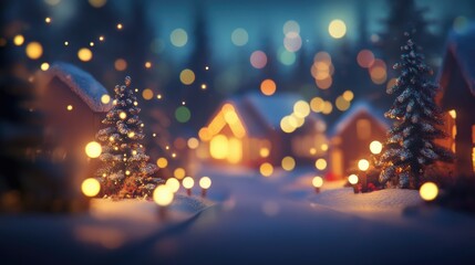 Poster - Serene winter village illuminated by glowing lights and vibrant bokeh creating a festive Christmas atmosphere in a snowy landscape