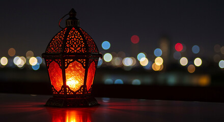 Poster - Decorative lantern glows at night with blurred city lights in background. Red lantern with intricate design is lit up creating a warm ambiance. Night light shines brightly