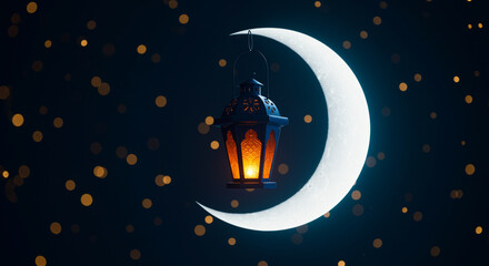 Poster - Lantern hangs on crescent moon with lantern light. Crescent moon and lantern with light in the night sky