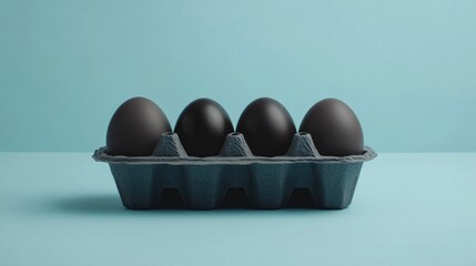 Poster - Elegant black egg carton with black eggs on light blue background highlighting freshness and empty space for creative text placement