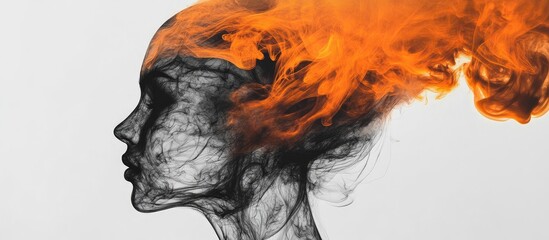 Poster - Ethereal Black and White Smoke Art with Fiery Orange Highlights Forming a Head Shape on Grey Background Ideal for Text Overlay