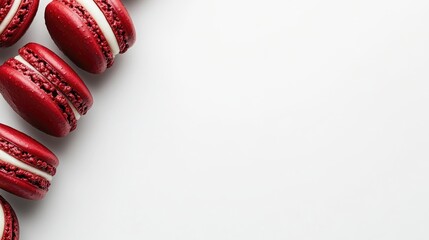 Poster - Red macarons filled with white chocolate on a clean white background showcasing colorful French pastries with ample space for text or design.