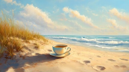 Poster - Coastal tranquility with a tea cup on warm sandy beach creating a peaceful atmosphere for relaxation and escape by the ocean shore