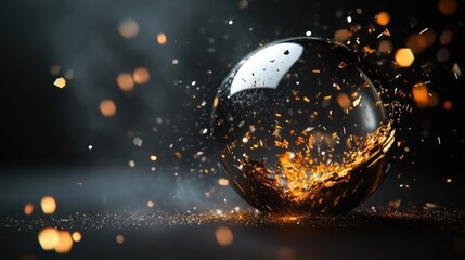 Poster - sparks explosion from shattered glass ball with dark background and empty space for customizable tex