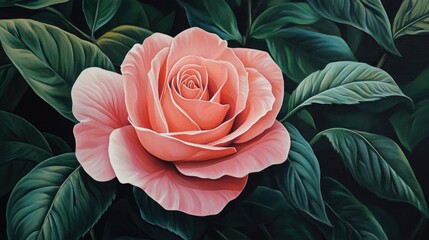 Poster - Elegant Pink Rose Surrounded by Lush Green Leaves in a Tranquil Natural Setting