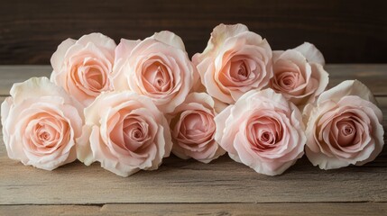 Fototapete - Arrangement of Pink and Pale Roses on Wooden Background with Blank Space for Text or Design Elements