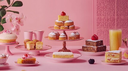 Poster - Elegant display of traditional Turkish desserts surrounded by soft pink tones, featuring cakes and pastries with fresh fruit garnishes.
