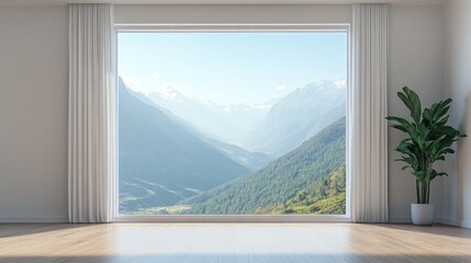 Poster - Spacious living room featuring a large window with a breathtaking mountain view and ample empty space for text or branding elements.