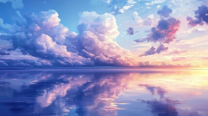 Aufkleber - Serene sunset over the ocean with vibrant clouds and a tranquil, reflective water surface