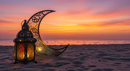 Poster - Lantern and moon on beach at sunset. Lantern and moon on the sand at dusk