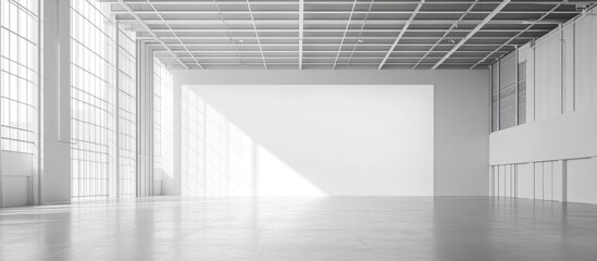 Poster - modern spacious warehouse interior featuring large windows and ample empty space suitable for text o